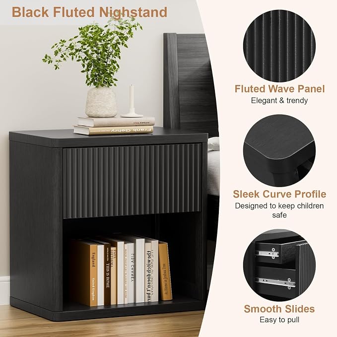 XIAO WEI Set of 2 Black Fluted Nightstands with Hidden Drawer, 22.8" Wide Mid Century Modern Bedside Table with Open Shelf, Large Accent End Table, Curved Profile Design - Image 5