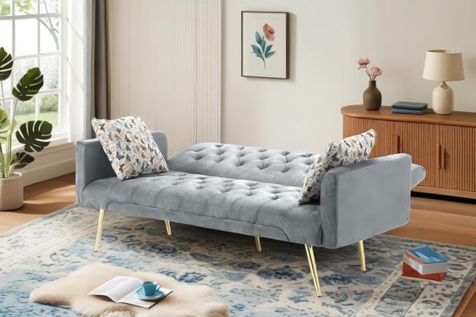 Futon Sofa Bed, Convertible Futon Couch with Adjustable Backrest, 68.31” Folding Sofa Bed with 2 Pillows & Metal Legs, Sleeper Loveseat with Armrest for Home Office, Dark Gray