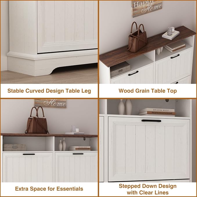 Shoe Storage Cabinet with 4 Flip Drawers, Farmhouse Modern Hidden Shoes Rack Cabinet with Adjustable Shelves & Open Storage, Narrow Slim Shoe Organizer for Front Door Entrance, Entryway, Antique White - Image 7
