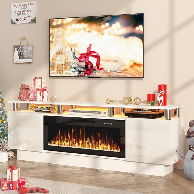 PUKAMI 70" Fireplace TV Stand with 36" Electric Fireplace, LED Light Entertainment Center with Storage, 2 Tier Modern Wood Media TV Console with Highlight Cabinet for Living Room, White - Image 5