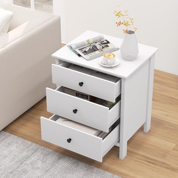 KOMFOTT 3 Drawers Nightstand, Wooden Bedside Table with Ample Storage, Modern Drawer Organizer, Space-Saving Modern Sofa Side End Table for Bedroom Home Office Small Space (White,1) - Image 4