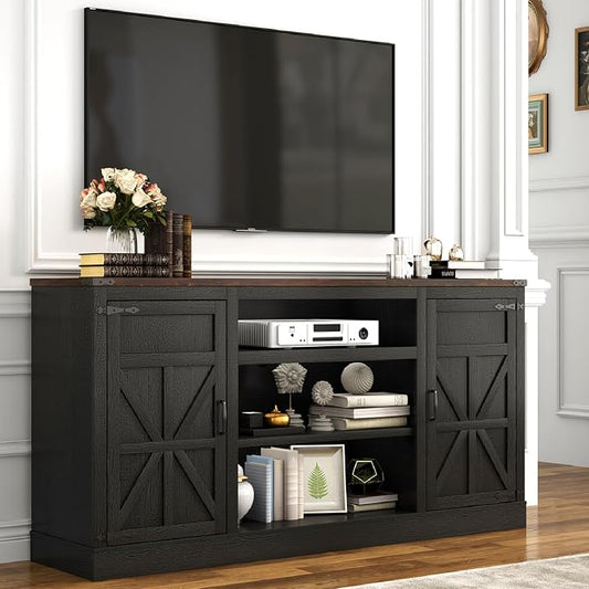 Hlivelood 66" Farmhouse TV Stand with Power Outlets for 75 Inch TVs, 33" Tall Entertainment Center with Storage Cabinets w/Adjustable Shelves, Rustic Large TV Media Console for Living Room, Black by Hlivelood