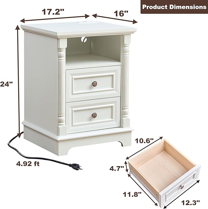 OKYCI 3PC Farmhouse Dresser and Nightstand Sets for Bedroom, Including 8 Drawer Dresser & 2 Drawer Night Stand Set of 2 with USB,Antique White