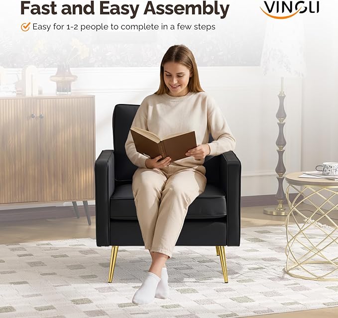 VINGLI Modern PU Leather Accent Chair, Single Sofa Chair with Pocket Coil Seat, Metal Backrest & Solid Wood Frame, Upholstered Armchair for Living Room, Bedroom or Office
