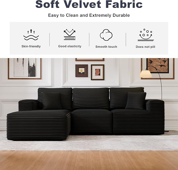 104" Modular Sectional Sofa with L-Shape Chaise, Modern Upholstered Cloud Couches for Living Room Bedroom, No Assembly Required, Black