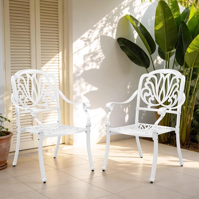 VINGLI Patio Chairs Set of 4 - Stackable Outdoor Cast Aluminum Dining Chairs with Vintage White Finish and Floral Pattern, Metal Armchairs for Poolside, Backyard, Balcony (No Cushion) - Image 2