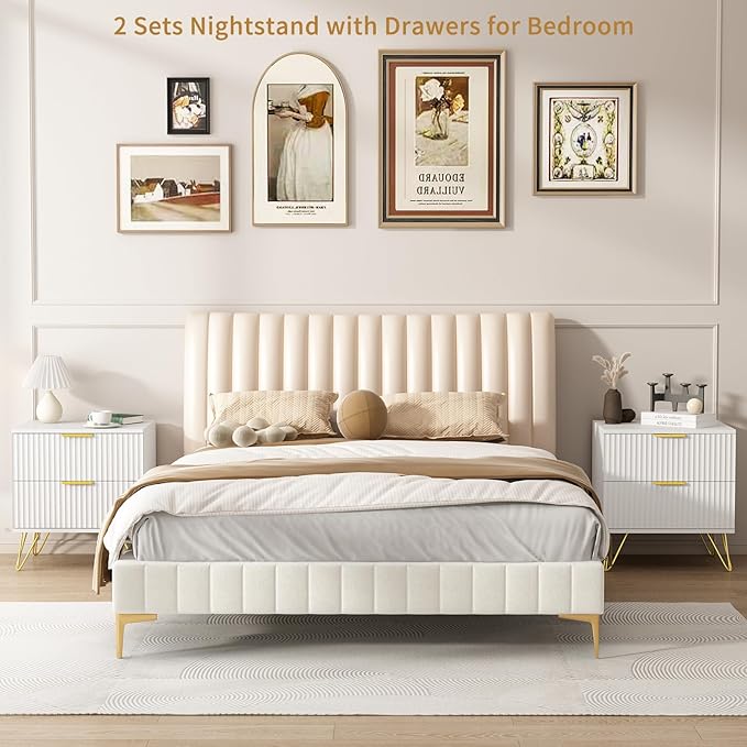 9 Drawer Dresser and Nightstand Sets for Bedroom, 3 Pcs Bedroom Set, Night Stand Set of 2 & 9 Drawer Dresser with Gold Handles, Modern Wood Chest of Drawers Storage Cabinet Set, White