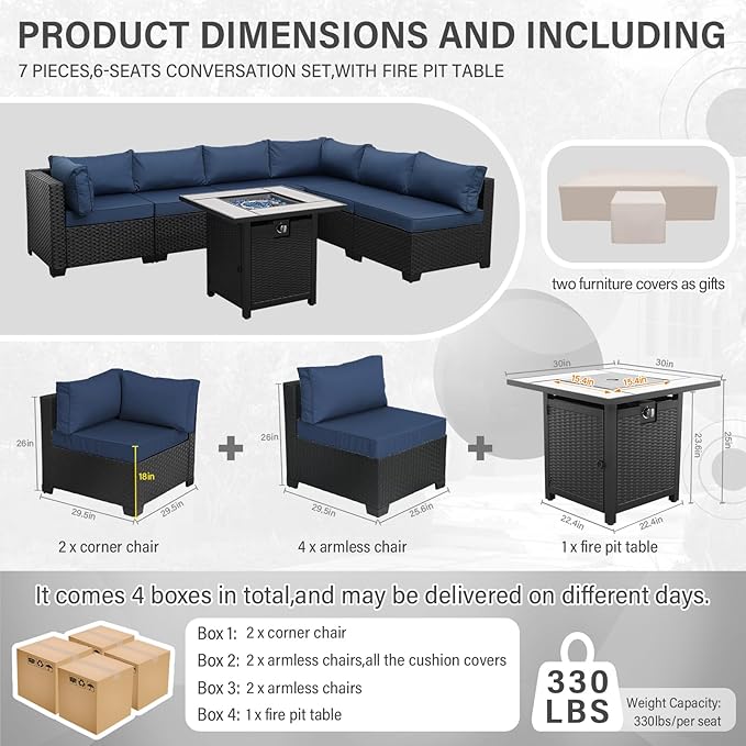 Valita Patio Furniture Set 30 Inches Fire Pit 7-Piece Outdoor Sectional Patio Couch 50000 BTU Steel Propane Fire Pit Table with No-Slip Cushions and Waterproof Cover, Navy Blue