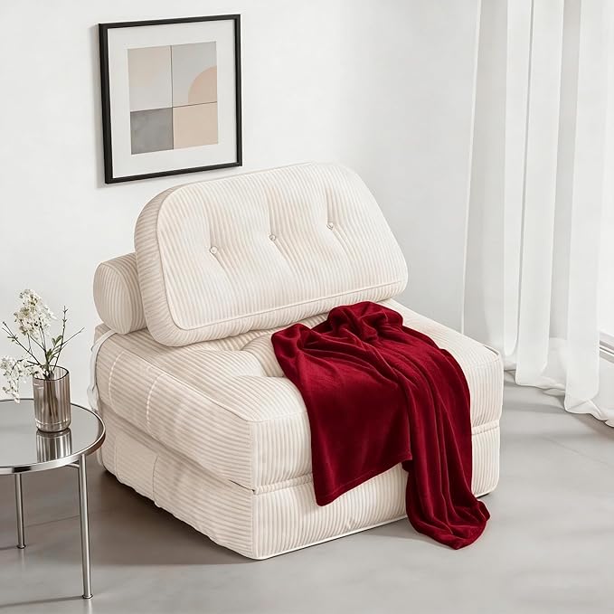 Folding Sofa Bed, Flannel Futon Couch Bed with Pillow and Blanket, Convertible Sleeper Chair for Living Room Bedroom, White