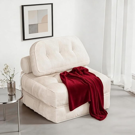 Folding Sofa Bed, Flannel Futon Couch Bed with Pillow and Blanket, Convertible Sleeper Chair for Living Room Bedroom, White