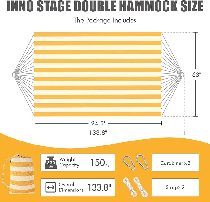 INNO STAGE Brazilian Double Hammocks - Woven Hammock Two Person Hanging Camping Bed for Patio, Backyard, Porch, Outdoor and Indoor Use - Soft Canvas Hammock with Portable Carrying Bag Yellow - Image 2