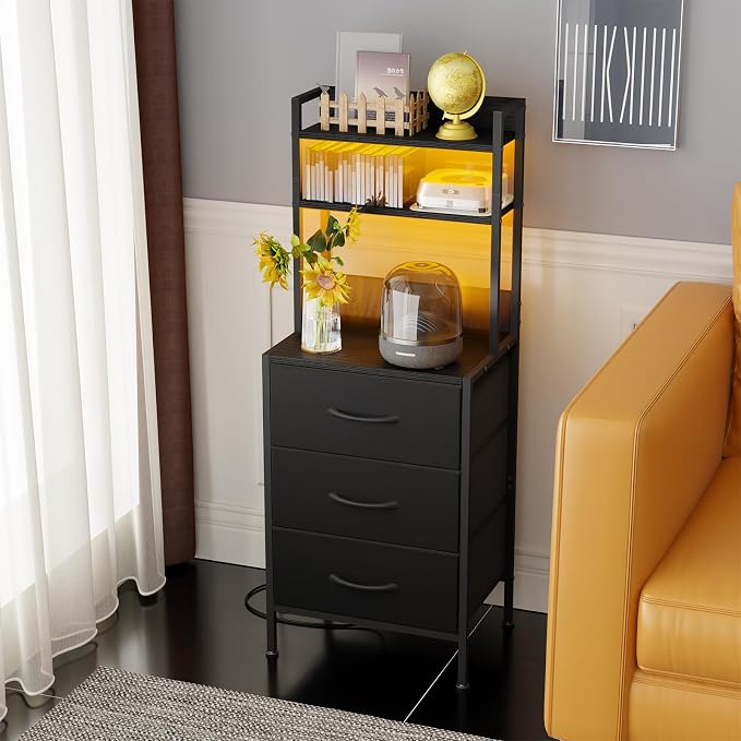 Fixwal 41 Inch Tall Nightstand with Charging Station, 3 Fabric Storage Drawers and Shelves, Led Night Stand with U-S-B Port & Socket, Bedroom Dorm Office, Bedside Table & Bookshelf in One, Black - Image 7