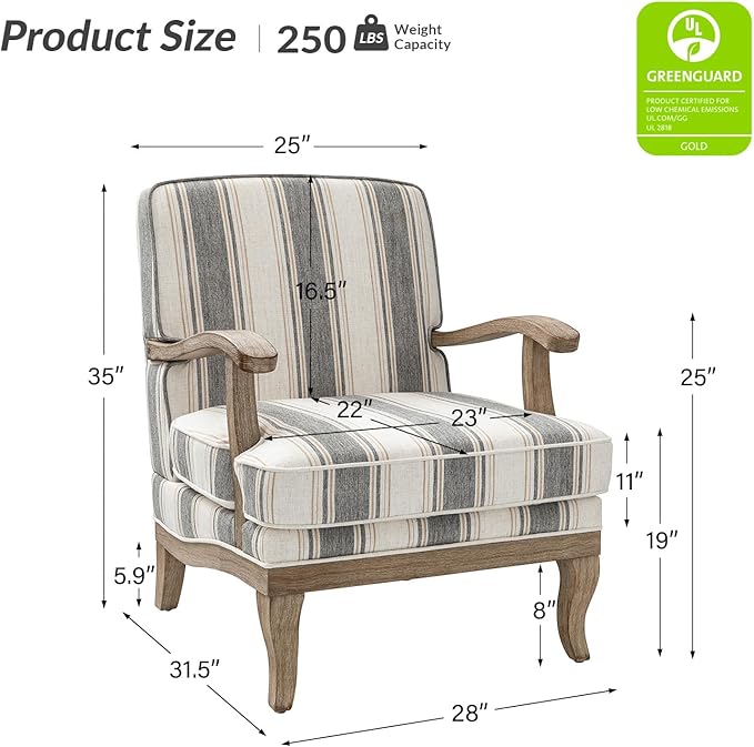 HULALA HOME Upholstered Accent Chair, Mid-Century Modern Striped Chair with Graceful Curves and Wooden Legs, Comfy Lounge Armchair Striped Accent Chairs for Living Room, Bedroom (Stripe)
