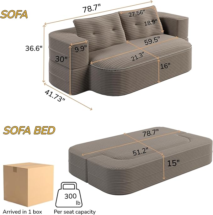 78.7" Convertible Sofa Bed, 2-in-1 Folding Floor Couch with 2 Pillows and Blanket, Plush Corduroy Fabric Sleeper Sofa for Living Room and Bedroom, No Assembly Required (Coffee)