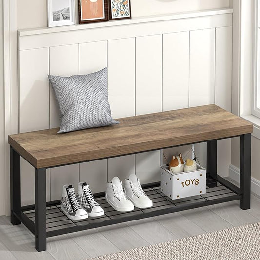 FOLUBAN Entryway Bench, Industrial Wood and Metal Storage Bench with Metal Shelf, Indoor Shoe Rack Bench Seat for Living Room, Bedroom, Hallway, Entrance, Rustic Oak, 47 Inch by FOLUBAN