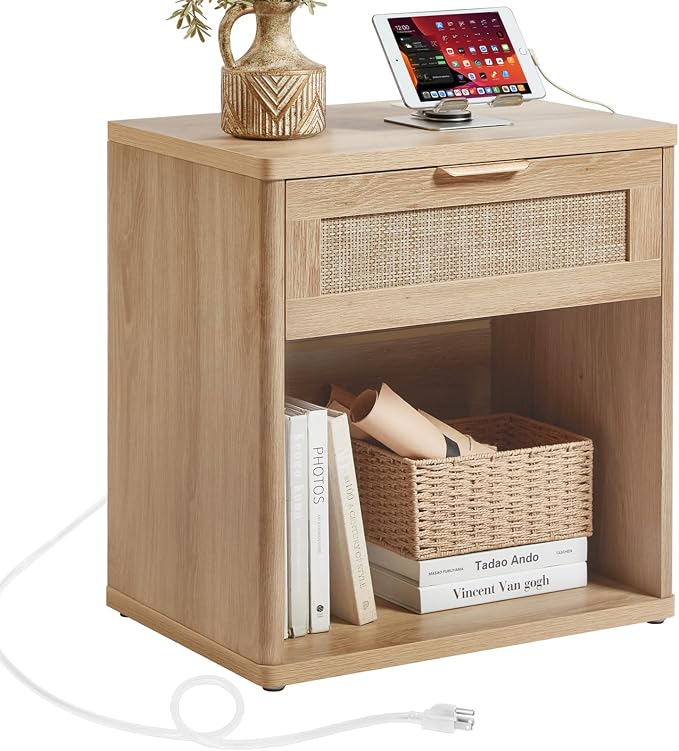 LEYAOYAO Rattan Nightstand with Charging Station, Natural Wood Night Stand with Drawer, 23" Wide Boho Bedside Table with Storage Shelf, Bed Side End Tables for Bedroom, Living Room, Hallway by LEYAOYAO-Findtheshiningpointofyourideallife%EF%BC%81