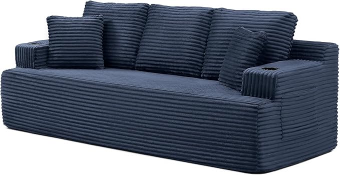 Eafurn Floor Loveseat Boneless Sofa Couch in a Box with Cup Holder and Side Pockets, 3 Seater Comfy Corduroy Upholstered Foam Couch with Deep Seating for Living Room,No Assembly | Breathable material, Cupholders