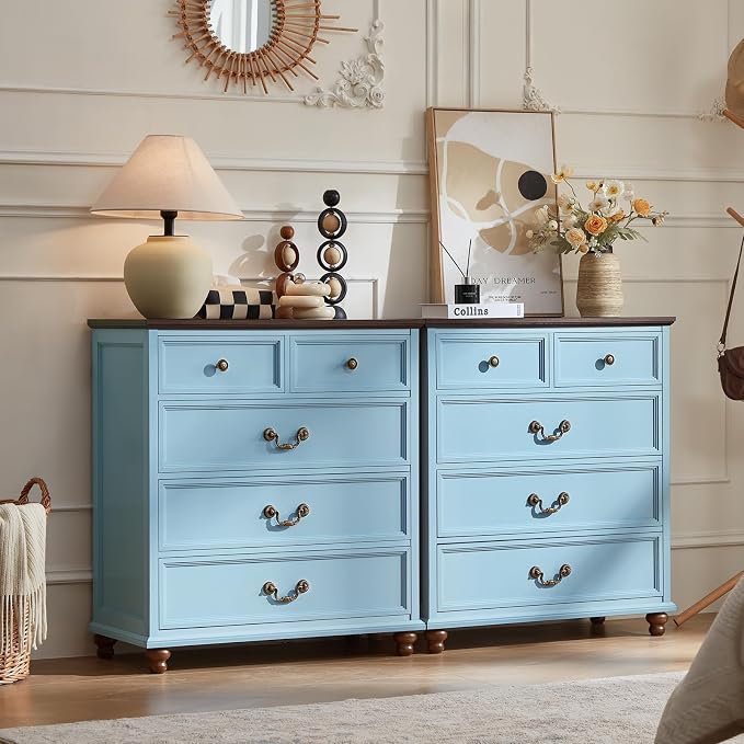 Joaxswe Farmhouse 5 Drawer Dresser for Bedroom, 35" Tall Rustic Chests of Drawers w/ 4 Solid Wood Feet, Mid Century Modern Wooden Closet Storage Dressers Organizer for Living Room, Hallway,Light Blue - Image 3