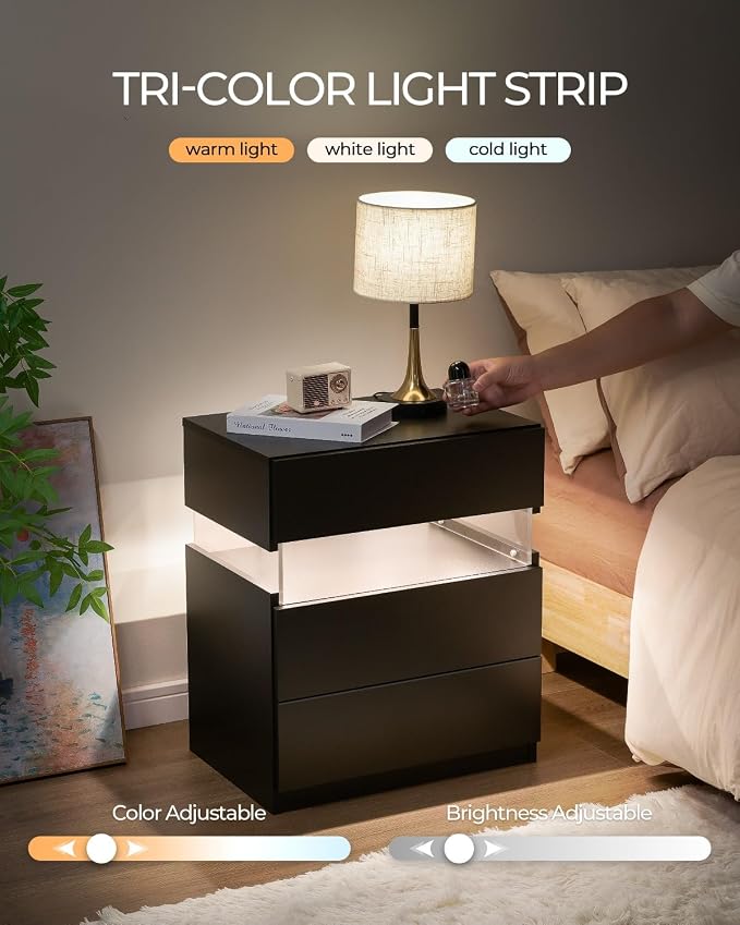 Bingoday LED Nightstand 3 Drawers Nightstand with LED Lights Tall Nightstand for Bedroom LED Bedside Tables for Bedroom Living Room - Image 5
