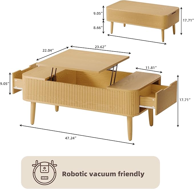 47.2” Modern Coffee Table Wooden Fluted Lift Top Coffee Table with Hidden Compartment, Mid Century Modern Rectangle Center Tables with Lifting Tabletop & 2 Storage Drawers for Home Living Room Natural