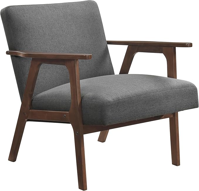 Lexicon Mid Century Modern Accent Chair, Upholstered Lounge Armchair, Single Sofa Seat, Brown Finish Solid Wood Framed Comfy Side Chairs for Living Room/Bedroom/Office/Waiting Area, Dark Gray
