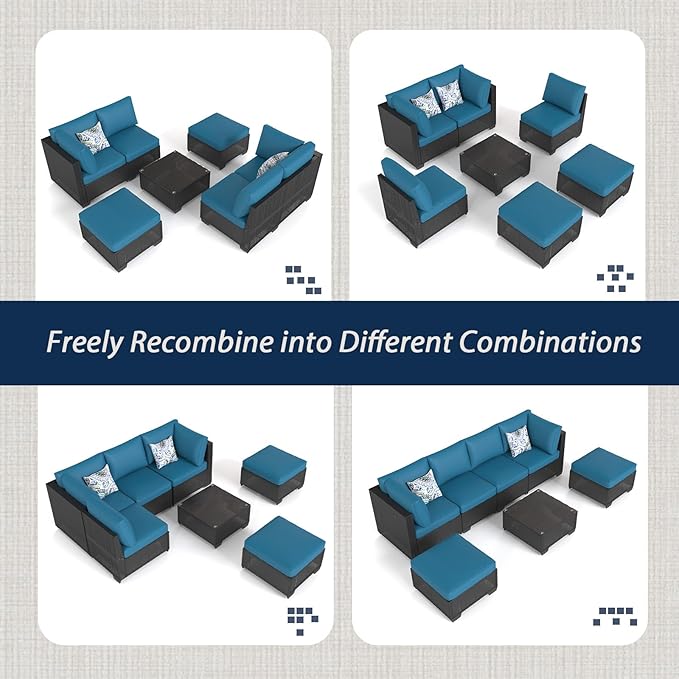 AECOJOY 7 Piece Outdoor Patio Furniture Set, Outdoor Sectional Conversation Furniture Chair with Coffee Table, Patio Sectional for Backyard, Garden(Peacock Blue Cushion and Black Rattan)