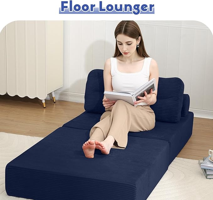 MeMoreCool Folding Sofa Bed Single – Convertible Sleeper Chair with Pillow, Navy | Foldable Mattress Back Support Portable Fold Out Chair Bed Comfy Floor Sofa Lounge for Living Room Bedroom