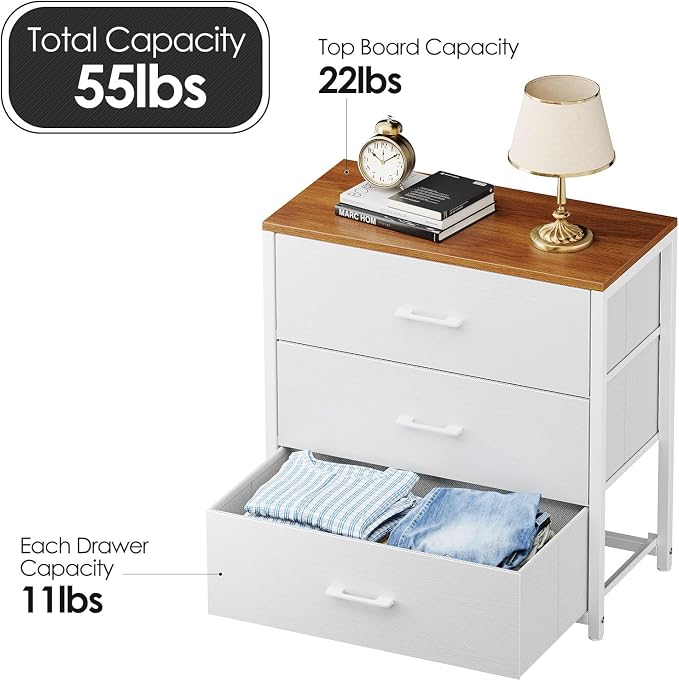 Memobarco Nightstand,Farmhouse Night stand with 3 Storage Drawer,Small Dresser for Bedroom,Chest of Drawers Fabric Dressers with Steel Frame,Wooden Top Front Bedside Table for Small Space,White+walnut - Image 3