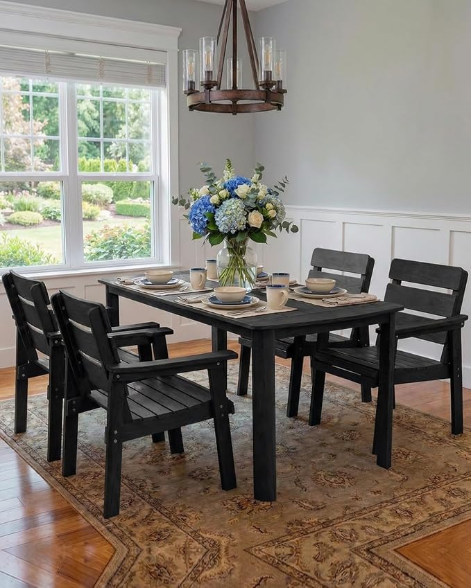 5-Piece Outdoor Dining Set, All-Weather HIPS Patio Table & Chairs for 4, Outdoor Furniture with Umbrella Hole, Ideal for Garden, Poolside, Backyard, Deck, Black - Image 9