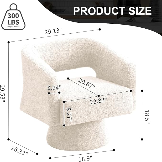 ClinQ Swivel Barrel Accent Chair, Oversized Teddy Upholstered Round Swivel Chairs Set of 1, Modern Luxury 360° Living Room Vanity Chair for Bedroom Office&Living Room, White