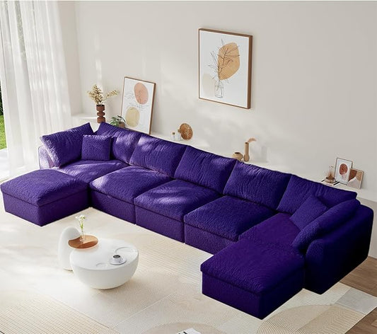 Modular Sectional Sofa Boneless Cloud Couch for Living Room, U Shape Deep Seat Recliner Sofa with Ottoman, Adjustable Backrest & 2 Throw Pillows - Covers Washable, (Purple, 5 Seater+2 Ottoman)
