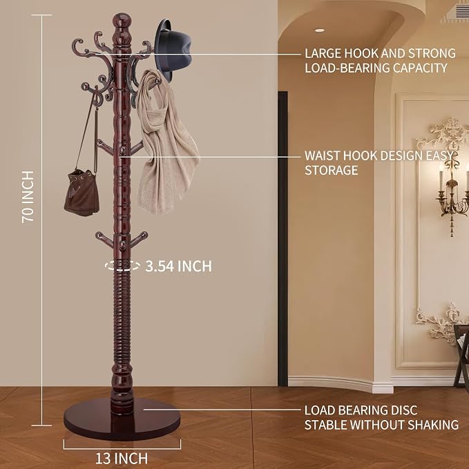 Wood Coat Rack Stand, Vintage Wooden Coat Rack Freestanding with Sturdy Round Base,Classic Coat Racks with 14 Hooks, Natural Birch Wood Standing Coat for Entryway (Vintage Round chassis) - Image 5