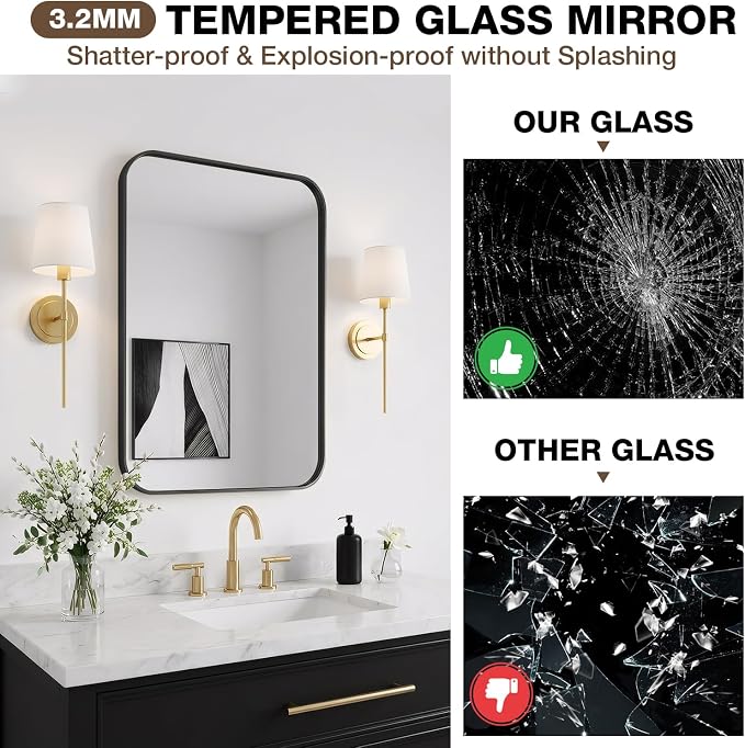 30x36 Inch Bathroom Mirrors for Over Sink, Matte Black Rectangle Mirror for Bathroom or Entryway, Wall Mounted Vanity Mirror with Aluminum Alloy Frame & Tempered Glass, Hangs Horizontally/Vertically - Image 4