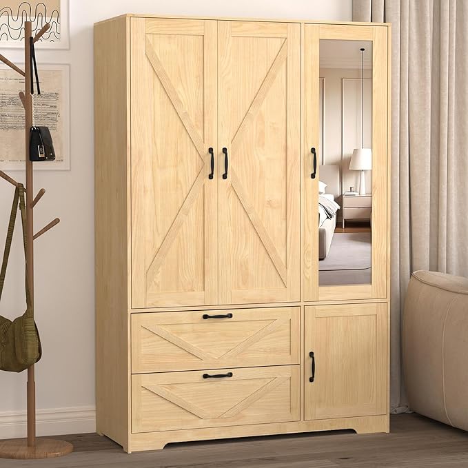 Armoire Wardrobe Closet with Drawers and Mirror, 72" Bedroom Wardrobe Cabinet with Motion Sensor Light, Hanging Rod & Adjustable Shelves, Bedroom Clothing Storage Closet with 3 Doors