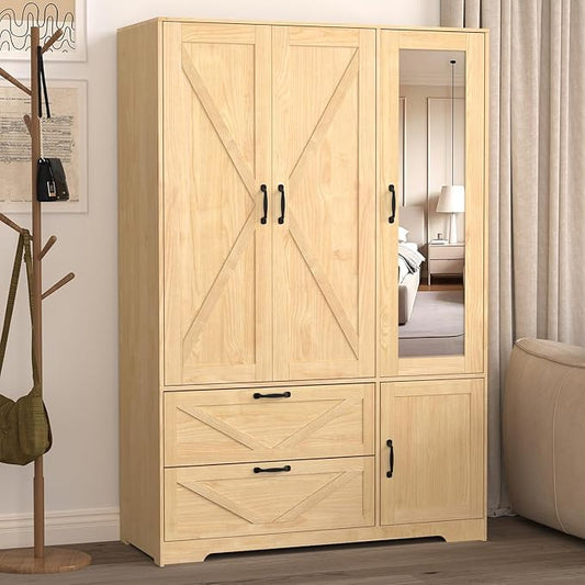 Armoire Wardrobe Closet with Drawers and Mirror, 72" Bedroom Wardrobe Cabinet with Motion Sensor Light, Hanging Rod & Adjustable Shelves, Bedroom Clothing Storage Closet with 3 Doors