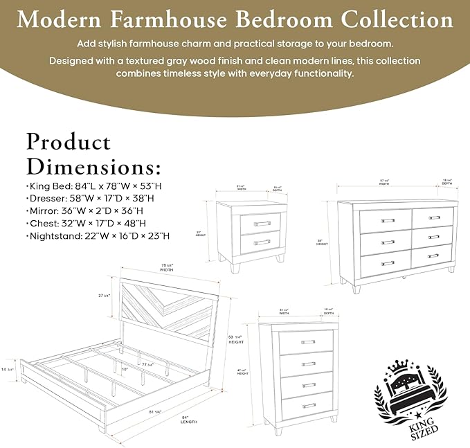 Kings Brand Furniture Napa Farmhouse 6-Piece Bedroom Set - Bed Frame with Headboard, Chest, Dresser and Mirror and 2 Nightstands (King Size)