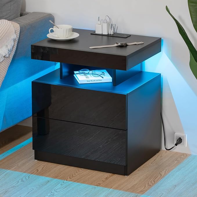 HOMMPA LED Nightstand with Wireless Charging Station & USB Ports High Gloss Bedside Table with LED Light RGB Adjustable Brightness Smart Nightstand 2 Drawers Night Stand for Bedroom Black - Image 6
