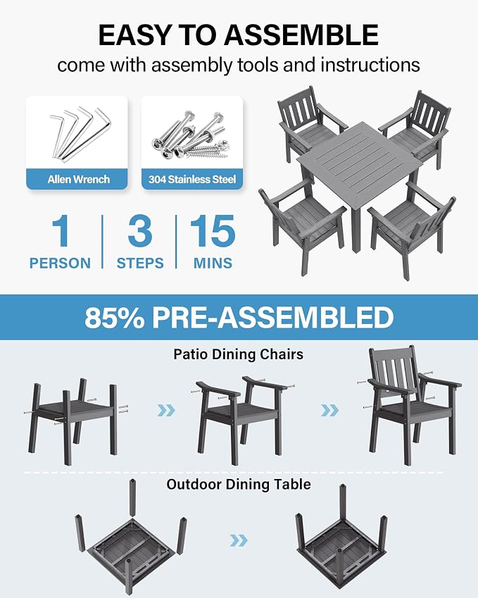 YEFU HIPS Patio Table Set: 5 Piece Outdoor Square Table and Chairs with Metal Aluminum Frame - Gray Modern Plastic Patio Dining Furniture Set 4 Person for Outside Deck - Image 2