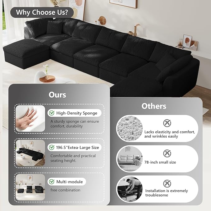 Modular Sectional Sofa Boneless Cloud Couch for Living Room, U Shape Deep Seat Recliner Sofa with Ottoman, Adjustable Backrest & 2 Throw Pillows - Covers Washable, (Black, 5 Seater+2 Ottoman)
