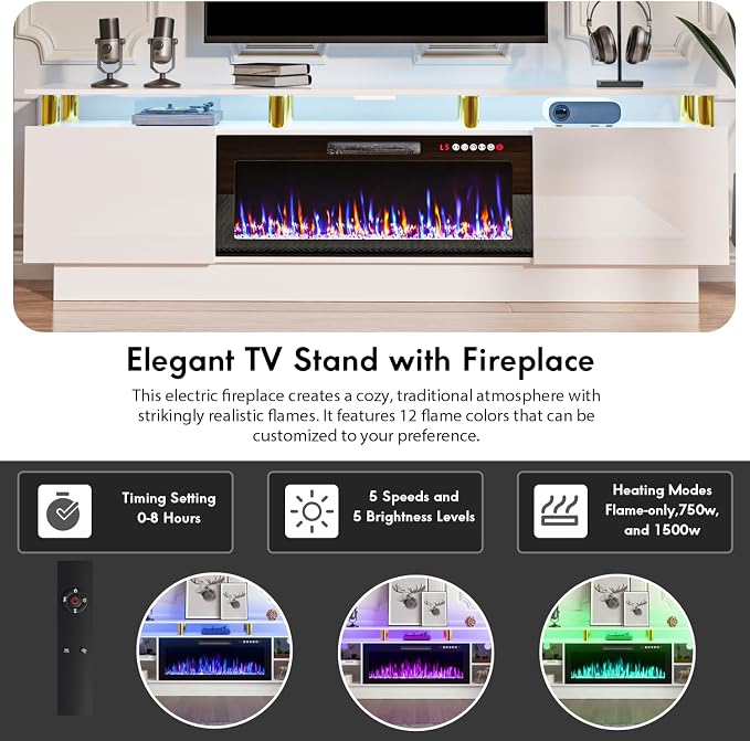 TAVATA 80" Fireplace TV Stand Up to 90" TVs, High Gloss Modern Entertainment Center with Storage & LED Lights, Wood Media Console Cabinet with 36" Fireplace & Open Shelf for Living Room, White - Image 3