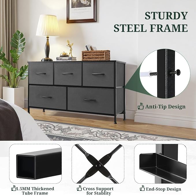 5-Drawer Dresser for Bedroom, Anti-Tip Wide Storage Organizer Fabric Chest of Drawers TV Stand for 45" TV with Wooden Top and Metal Frame for Closet, Living Room, Hallway, Entryway, Gray - Image 4
