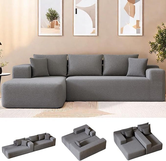 104” Sectional Cloud Couch, L-Shape Compressed Sofa with Right Chaise Lounge, Modular Cloud Couch with 2 Pillows & Deep Seat, Rain Drop Velvet Floor Sofa for Living Room, Light Gray