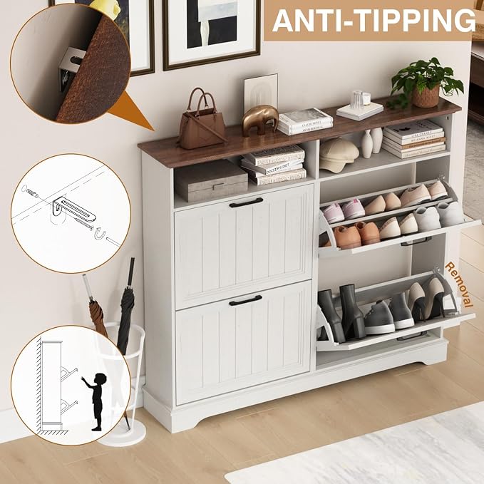 Shoe Storage Cabinet with 4 Flip Drawers, Farmhouse Modern Hidden Shoes Rack Cabinet with Adjustable Shelves & Open Storage, Narrow Slim Shoe Organizer for Front Door Entrance, Entryway, Antique White - Image 5