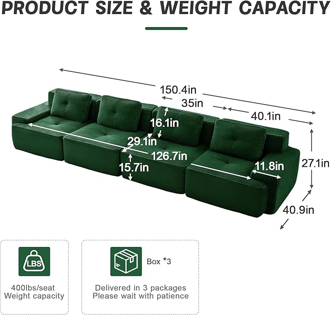 Casaphoria 150'' Green Corduroy Cloud Couch, 4-Seater Boneless Sectional Sofa with 4 Pillows for Living Room, Deep Seat Sofa, No Assembly Required