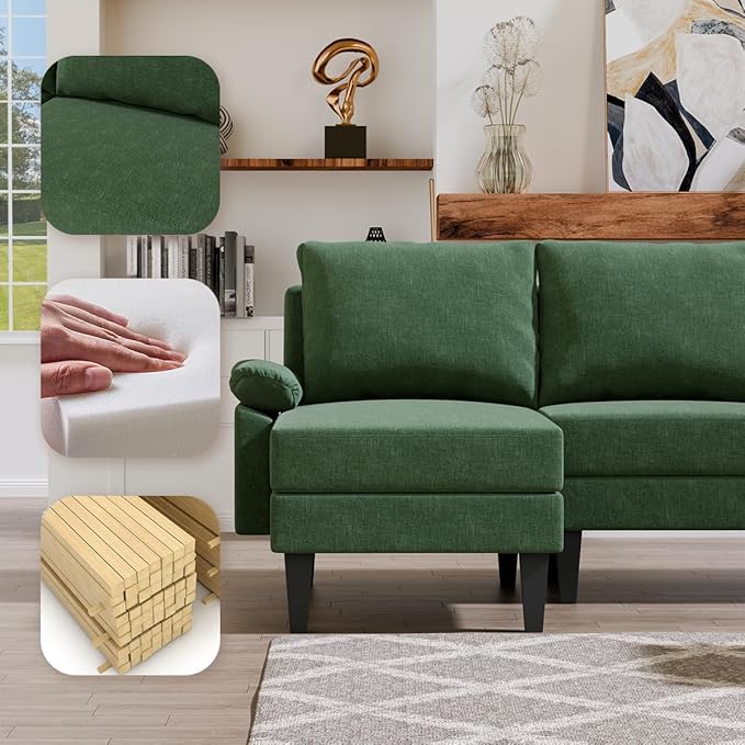 115 Inch Modular Sectional Sofa with Storage Ottoman, Modern L-Shaped Sectional Couch with Chaise, Chenille Couch for Living Room, Apartment or Small Spaces, Green