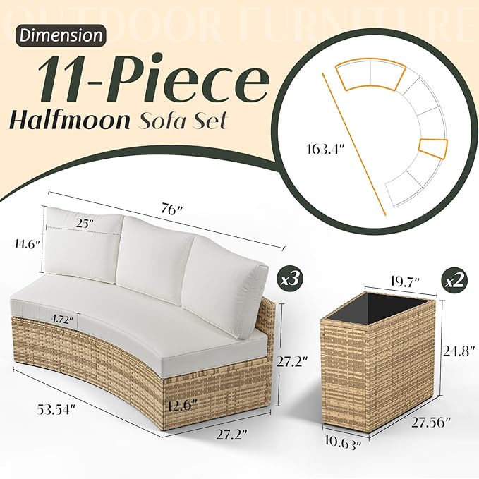 PaPaJet 11-Piece Patio Furniture Set with Large Storage Wedge Table, Half-Moon Wicker Sectional Sofa with Cushions, Waterproof Rattan Outdoor Conversation Set for Beach, Pool, Garden & Balcony, Beige