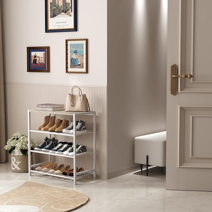 HOMEFORT 4-Tier Shoe Rack, Modern Industrial Shoe Storage Tower, Narrow Shoe Organizer for Closet Entryway, Small Shoe Rack Table with Durable Metal Shelves and MDF Top, White Oak - Image 4