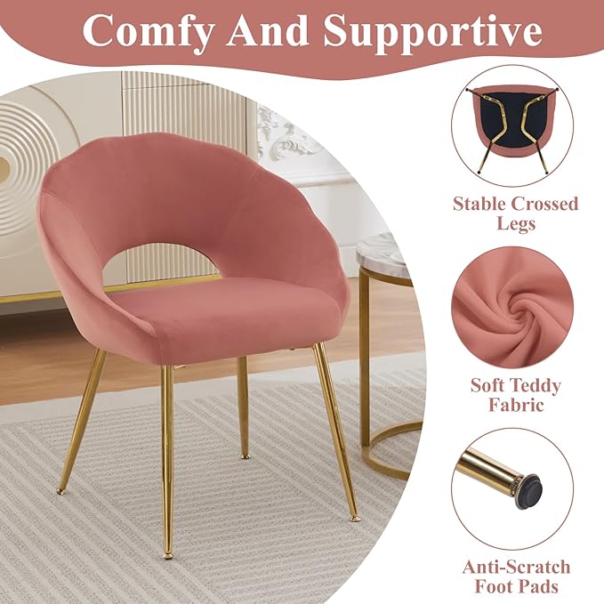 Modern Vanity Chair, Living Room Chair with Gold Metal Legs,Velvet Dining Chair, Comfy Accent Chair for Makeup Room, Waiting Room, Dressing Room, Bedroom, Dining Room, Home Office (1, Pink)