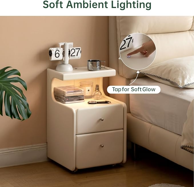 White Wood Nightstand Set of 2, Modern Nightstands with LED Light, Rolling Side Table with Storage, Small Bedside Table for Bedroom or Dorm, 21.9" H - Image 4