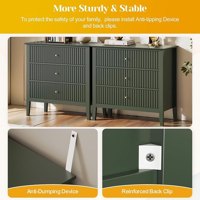 May in Color Large Green 3 Drawer Dresser, Painted 30 Inch Tall Wood Nightstand with Storage, Wide Modern Chest of Drawers with Ball Bearing Slide for Bedroom Hallway Living Room Entryway Office - Image 4